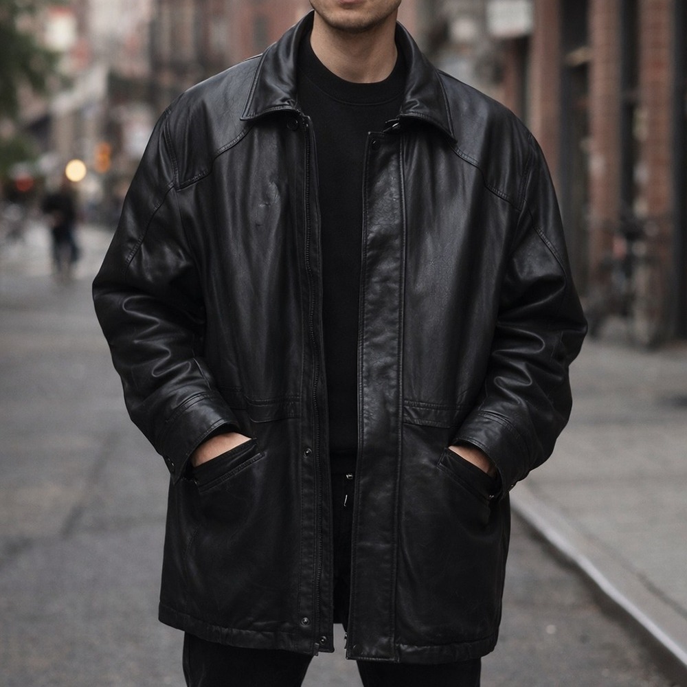 Andrew Marc Vintage Black Leather Car Coat Jacket Mid Minimalist Luxury Sz‎ L